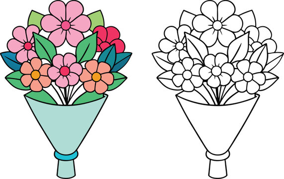 Colorful Flower Bouquet Illustration with Outline Version Pastel Pink Orange Flowers Green Leaves