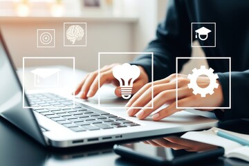 Fototapete - Person using laptop with icons representing learning ideas and achievement overlaid on the screen