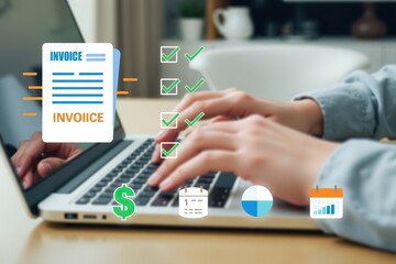 Fototapete - Person using a laptop to manage invoices and financial tasks with graphical icons representing data and scheduling