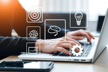 Fototapete - Person using laptop with digital icons representing business strategy innovation and growth