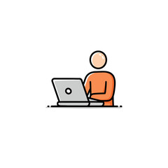 Fototapete - Simple vector illustration of a person sitting at a desk using a laptop computer representing concepts of online work remote education digital communication and productivity
