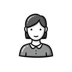 Poster - Simple minimalist black and white line drawing illustration of a smiling female avatar icon profile picture representation vector graphic symbol head and shoulders bust isolated