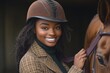 © shelbys - Female Equestrian in Riding Attire Competing in Horse Show or Dressage Event, Closeup Photo.Fictional Character Created By Generative AI