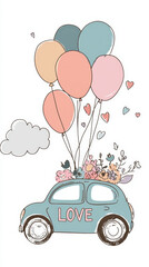  Cute Wedding Car Illustration. A cute illustration of a car carrying a bouquet and balloons with the word love.