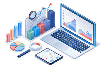 Poster - Business analytics data visualization with laptop charts and magnifying glass isolated on transparent background