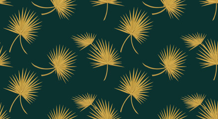 Poster - Tropical golden palm leaves seamless pattern on a dark green background