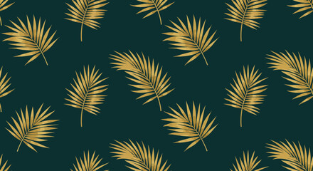 Poster - Elegant seamless pattern design with gold tropical palm leaves on dark green background