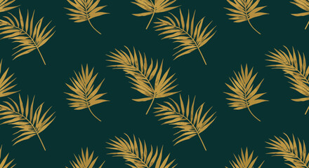 Poster - Elegant golden palm leaves pattern on dark green background for a sophisticated design