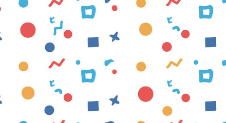 Poster - Playful geometric shapes background with circles, squares, and zigzags creating a fun pattern
