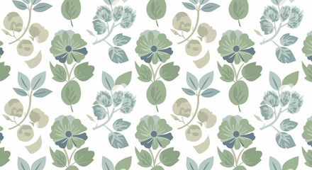 Poster - Seamless botanical pattern with stylized flowers and leaves in muted green tones