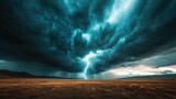 A powerful lightning bolt arcs through a stormy sky illuminating a barren landscape, emphasizing the awe-inspiring force of nature and its unpredictable beauty.