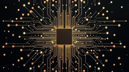 Poster - A glowing computer microchip at the center with intricate golden circuit lines radiating outward on a dark background.