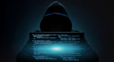 hacker in hoodie typing code on a glowing laptop in darkness, symbolizing cyber threats, hacking, an