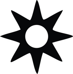 Poster - A stylized black eight pointed star symbol with a white circular center against a stark white background