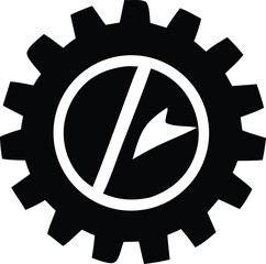 Poster - A stark black gear icon with a white circular symbol inside featuring a diagonal line and an arrow pointing left