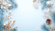 © Iaroslav - Pastel blue holiday backdrop highlighting golden, silver ornaments, glittering pine elements spreading seasonal cheer and warmth