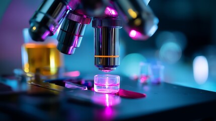Poster - Microscope lens focused on a petri dish under colorful lighting in a laboratory setting