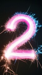 Poster - Number two created by light painting with bright pink and white sparkles on dark background with reflections