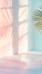Poster - Sunlight streaming through window, creating shadows of palm tree leaves on white wall, offering serene and minimalist aesthetic