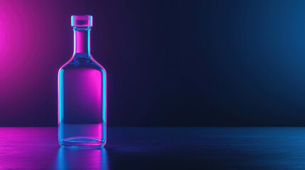 Poster - Glass Bottle with Neon Lights Reflecting a Vibrant Colorful Background in an Artistic Setting for Creative Beverage Photography and Design Projects