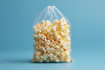 Poster - Bag of Popcorn: A clear plastic bag filled with freshly popped popcorn against a vibrant blue background, suggesting a tasty snack.