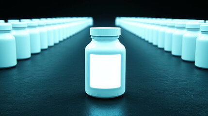 Poster - A Single White Pill Bottle Surrounded by a Series of Identical Bottles With Blue Illuminated Background in a Minimalist Setting