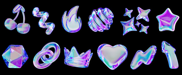 Poster - 3d glass holographic y2k abstract shape set - heart, flame, stars, cherry, lightning, crown, chain, arrow, polygon, spiral line, sphere with neon gradient isolated on black background. 3D illustration