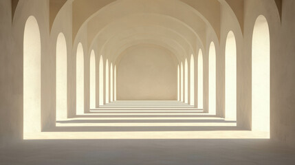 Aufkleber - Serene Interior Space with Arched Windows and Soft Light Creating Dramatic Shadows on Smooth Walls and Floor