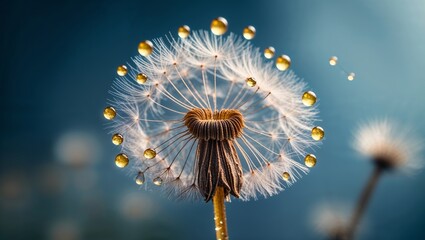 Poster - Dandelion seeds with water droplets creating a captivating natural display in soft blue light