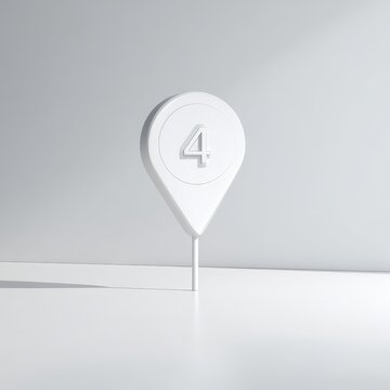 A minimalist 3D render of a white map marker with the number four subtly embossed within a circle.  It casts a small shadow on a reflective surface
