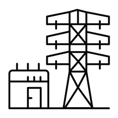 Poster - Transformer box and high voltage pole thin line icon, electrical service concept. Vector graphics. Electrical safety sign on white background, style mobile or design.