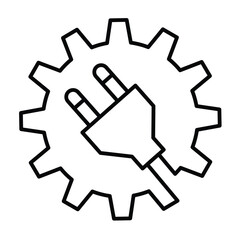 Poster - Cogwheel with fork plug and cord thin line icon, electrical service concept. Vector graphics. Fork on mechanic gear, repair sign on white background, style mobile or design.