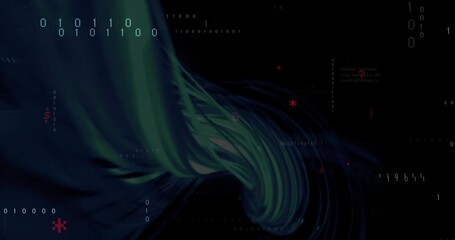 Poster - Teal-blue ribbon emerging lower left twisting inward, forming swirling wave displaying C++ code