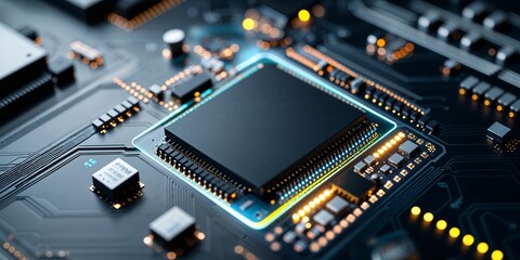 Poster - Close up of a computer circuit board with a central processing unit and various electronic components