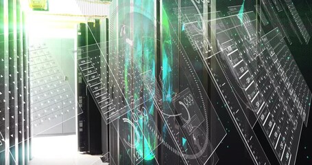 Poster - On startup, data column materializing inside server racks, panels rotating, displaying network info