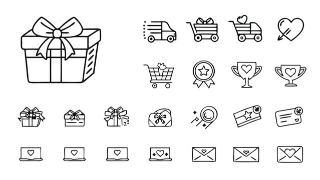 Collection of outline icons featuring gifts, shopping carts, hearts, and other related symbols in black and white