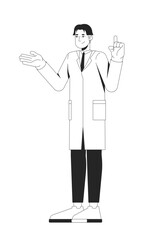 Poster - Friendly korean male scientist explaining in lab coat 2D line character. STEM researcher asian man expert presenting gesturing isolated vector ink outline person. Monochromatic spot illustration