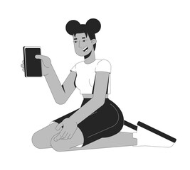Poster - Smiling black girl holding smartphone while sitting on knees 2D line character. African american young woman taking photo phone isolated vector ink outline person. Monochromatic spot illustration