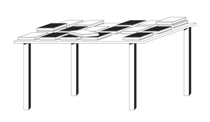 Fototapete - Wooden table displaying stacked library books 2D line object. Study area. Reading corner. Literature. Novels showcase textbooks isolated clipart vector ink outline item. Monochrome spot illustration