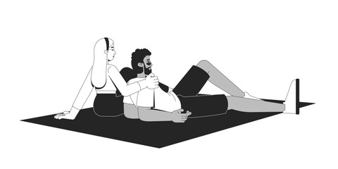Poster - Diverse couple relaxing on picnic blanket 2D line characters. Laidback blonde woman embracing black man affectionately on mat isolated vector ink outline people. Monochromatic spot illustration