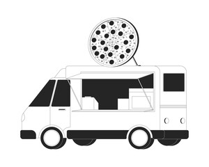 Fototapete - Pizza food truck with pepperoni signboard 2D line object. Mobile pizzeria with peperoni. Italian cuisine. Street food vehicle isolated clipart vector ink outline item. Monochrome spot illustration