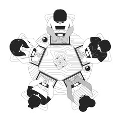 Fototapete - Hackathon programming group top view outline illustration. IT school. Coding class. Diverse developers laptops around table 2D line characters isolated on white. Monochrome vector ink linear image