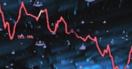 Poster - Starting red line chart over 3D grid showing dips surges, icons fading visualizing engagement data