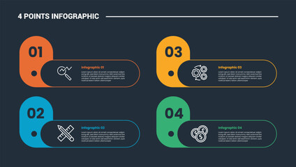 Aufkleber - 4 stage infographic process diagram with capsule shape with round rectangle container with dark background bright outline style