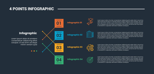 Aufkleber - 4 stage infographic process diagram with stacked vertical list on square connectors box with dark background bright outline style