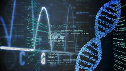 Poster - At start, DNA helix appearing right with code streams pulsing and letters morphing visualizing data