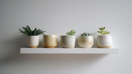 Poster - Succulent plants in decorative pots arranged on a minimalist shelf in a modern interior space