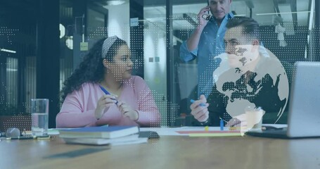 Poster - Colleagues exchanging pens animating globe in business discussion while colleague making phone call
