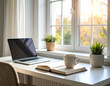 © Nanas - Cozy Home Office Setup Laptop, Book, Warm Drink by Window