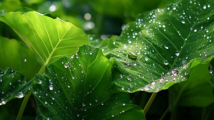 Poster - Drops of water glisten on lush green leaves illuminated by sunlight in a serene forest setting